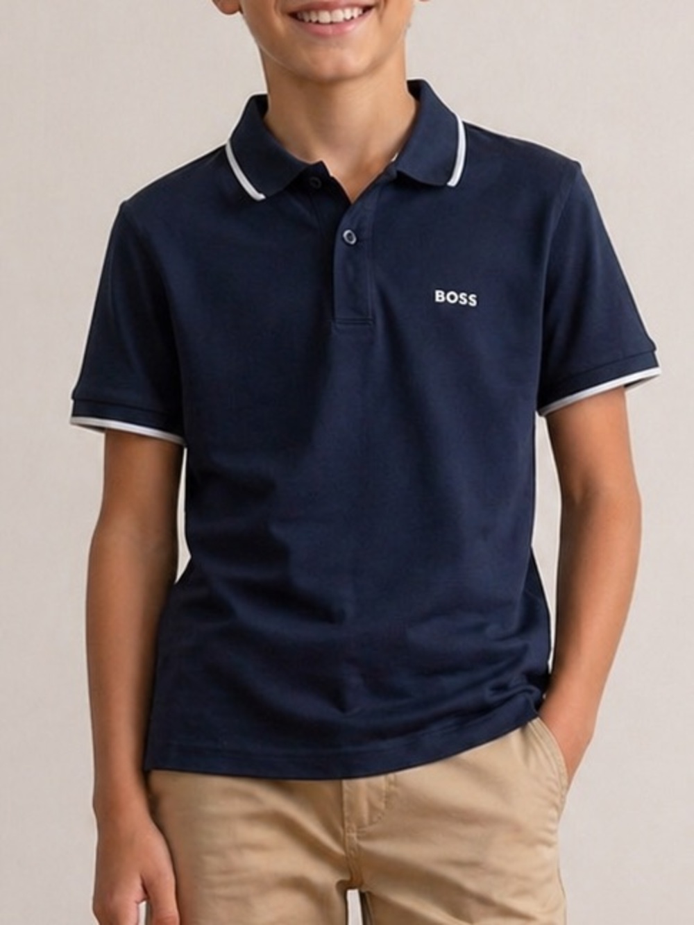 BOSS Navy Polo with White Short Sleeve Trim in Youth Boys Size 12